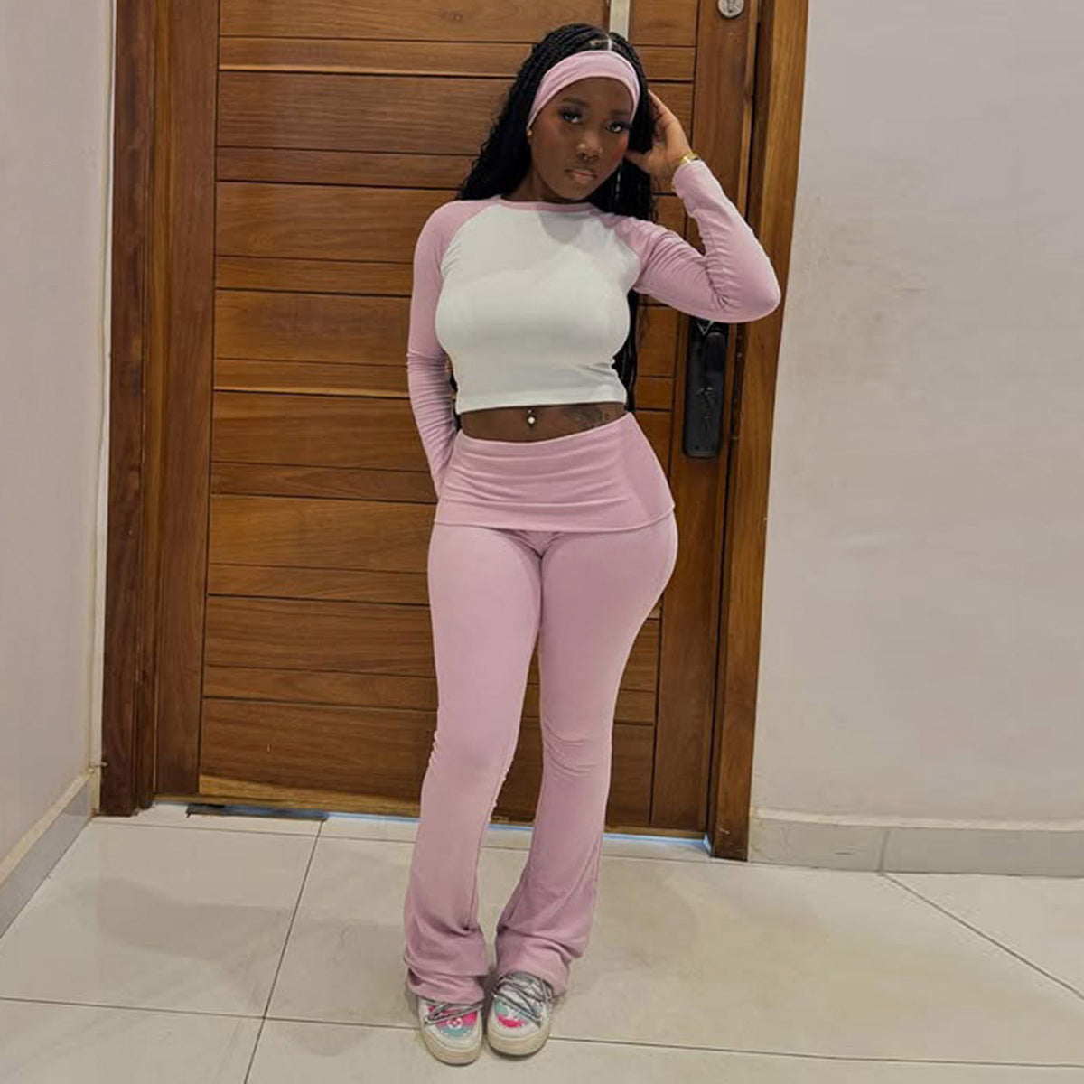 American Casual Sports Suit Basic Style Color Contrast Long Sleeve T-shirt Waist Pants Fitness Three-piece Set
