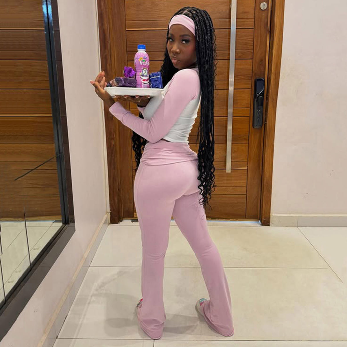American Casual Sports Suit Basic Style Color Contrast Long Sleeve T-shirt Waist Pants Fitness Three-piece Set